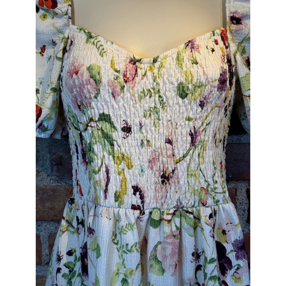 Floral Butterfly Smocked Puff Sleeve Mini Dress White Small - Picture 2 of 7